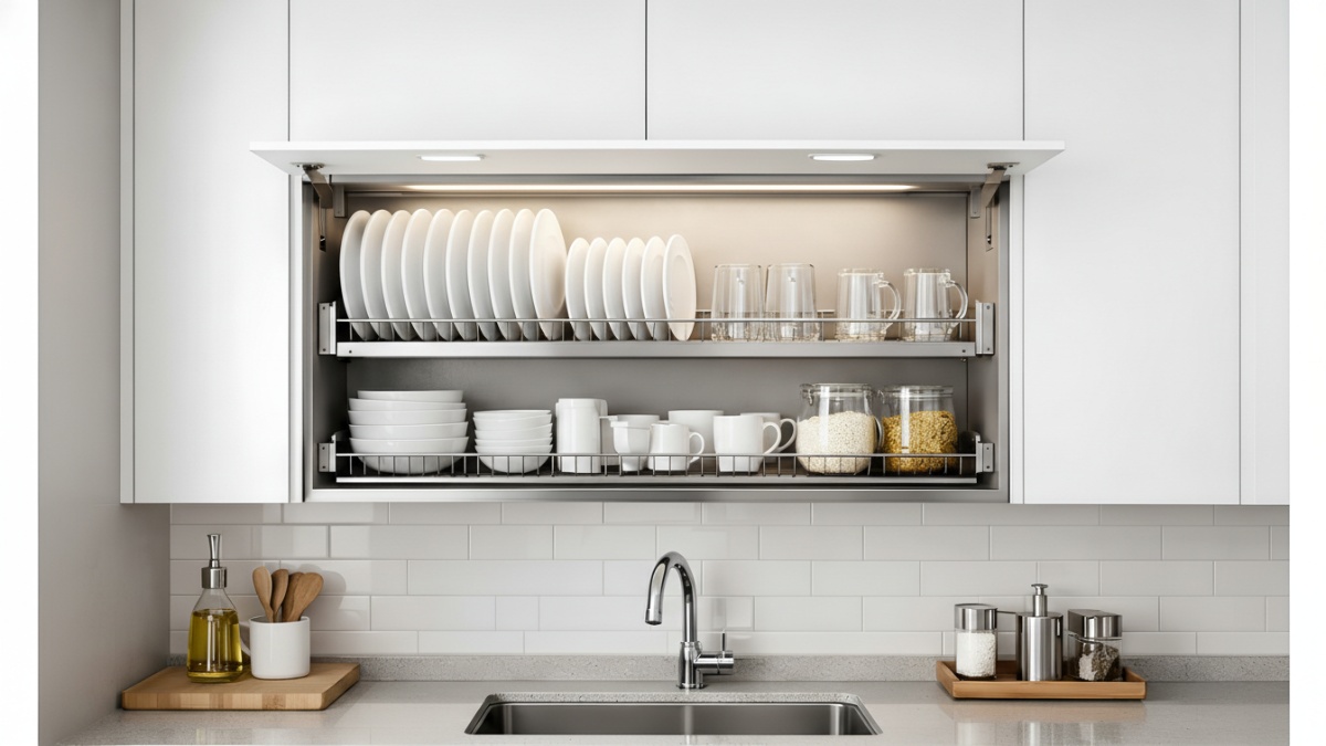 Rak piring dapur minimalis modern menyatu dengan kabinet, menonjolkan desain rapi dan fungsional.