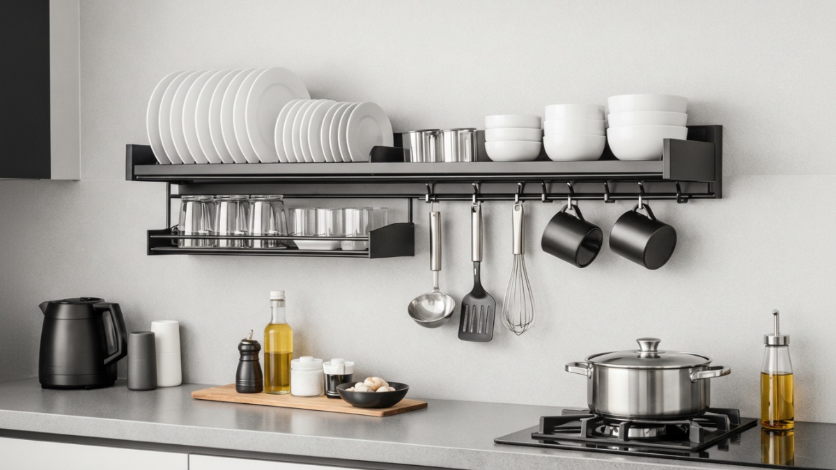 Rak piring gantung tipis dengan finishing monokrom pada dapur minimalis modern.