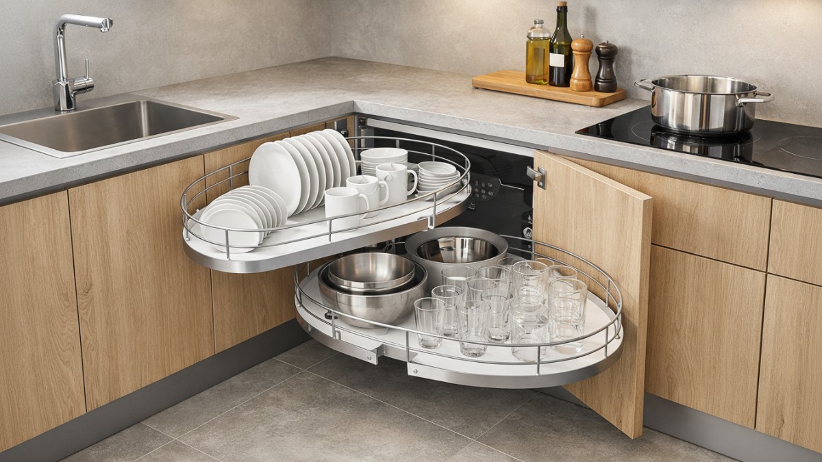 Rak piring sudut dengan sistem putar ergonomis di dapur minimalis berbentuk L.