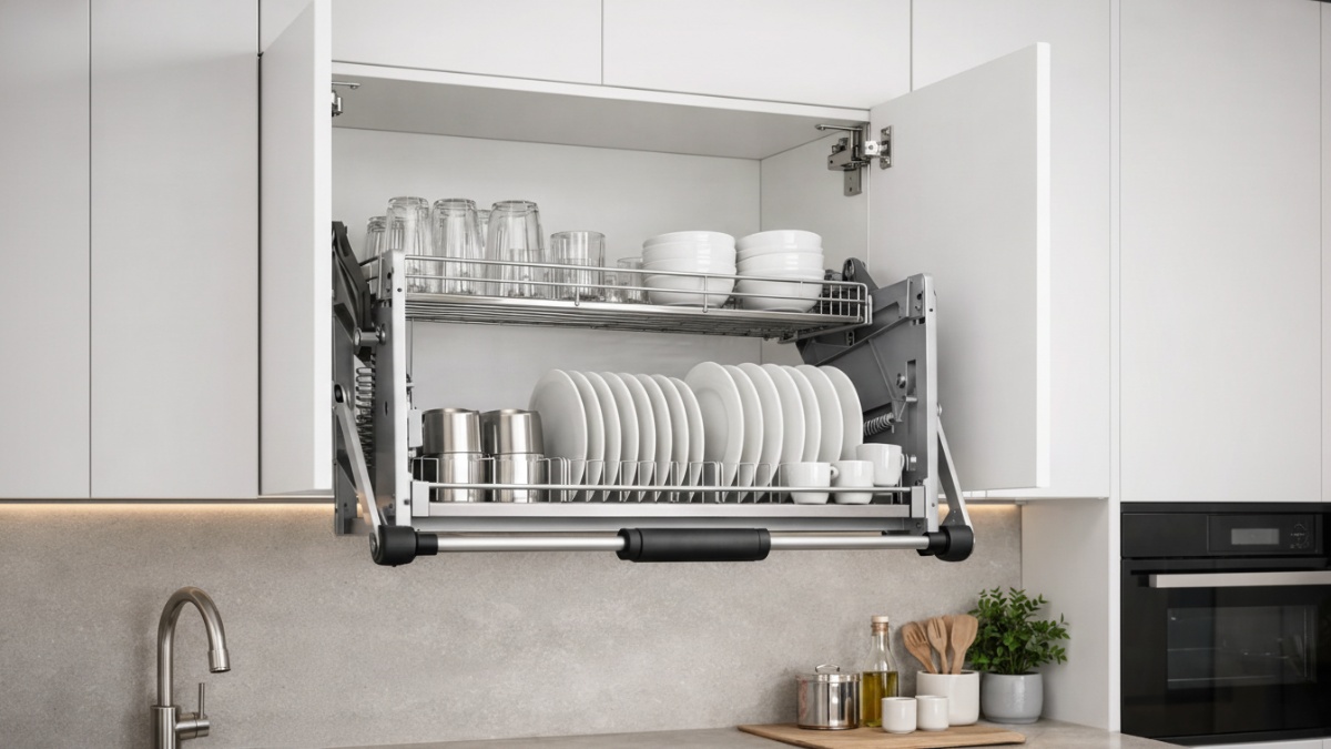 Rak piring dengan sistem tarik ke bawah tersembunyi dalam kabinet tinggi pada dapur minimalis.