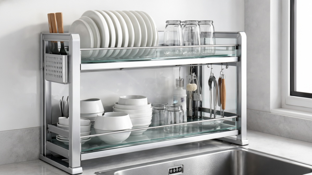 Material aluminium dan kaca tempered pada rak piring dapur minimalis modern.