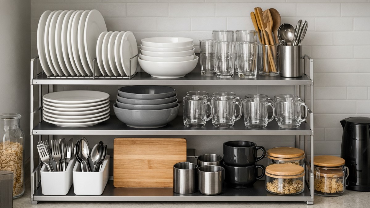 Pengelompokan peralatan makan pada rak piring berlapis yang tertata di dapur minimalis.