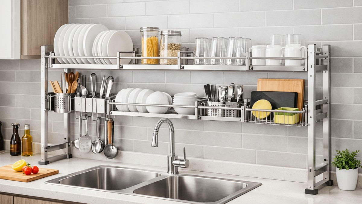 Rak piring stainless modular tertata rapi di atas wastafel dapur minimalis modern.
