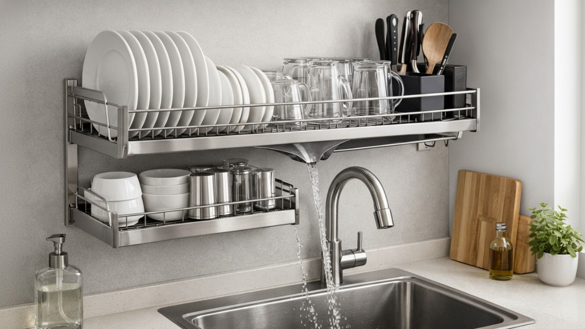 Rak piring gantung dengan drainase langsung menjaga area cuci tetap kering pada dapur minimalis modern.