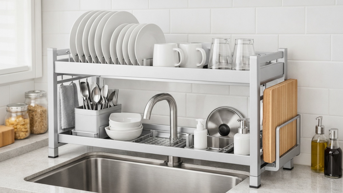 Rak piring aluminium matte memberi kesan bersih dan tenang pada dapur minimalis modern.