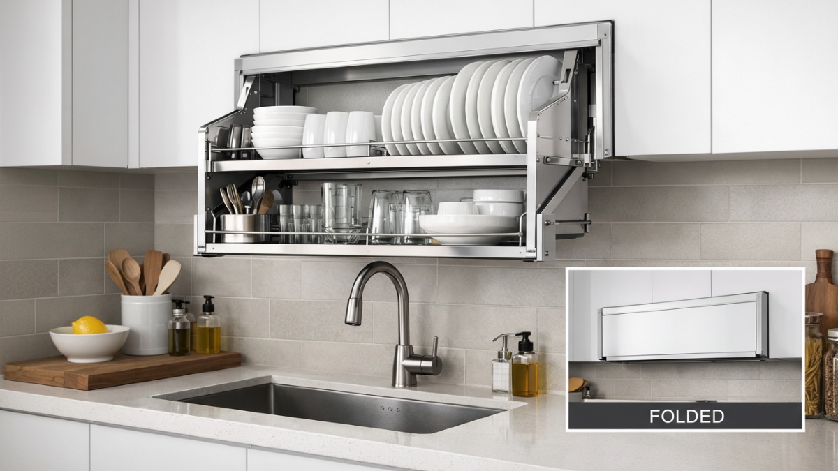 Rak piring lipat atau retractable yang menyatu dengan desain dapur minimalis modern.