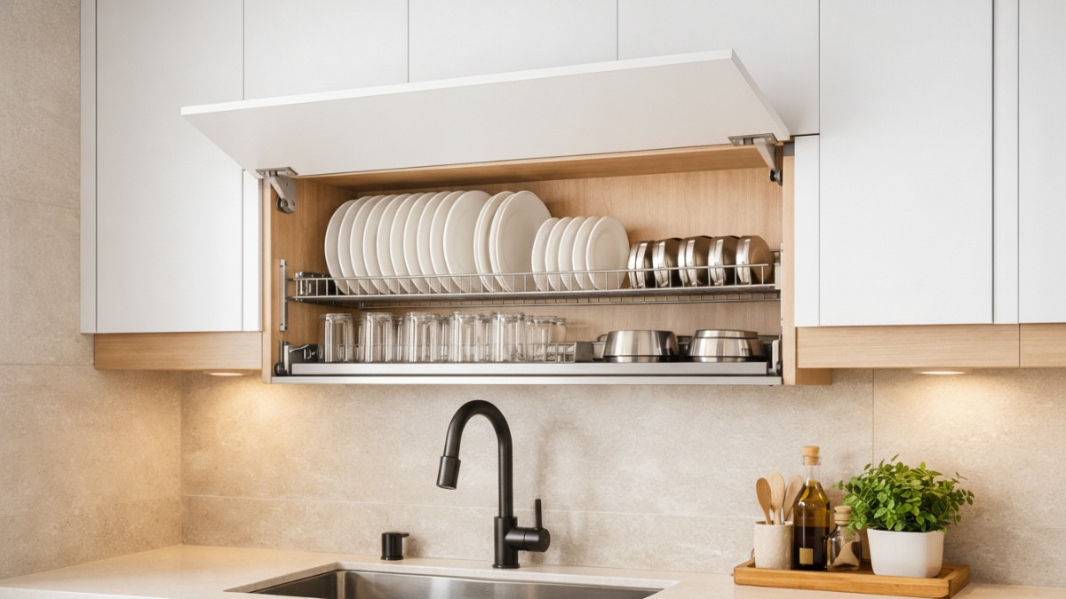 Rak piring custom kabinet yang menyatu dengan desain dapur minimalis modern.