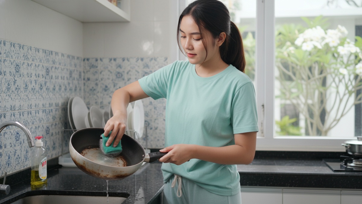 Spons non-abrasif digunakan untuk membersihkan teflon