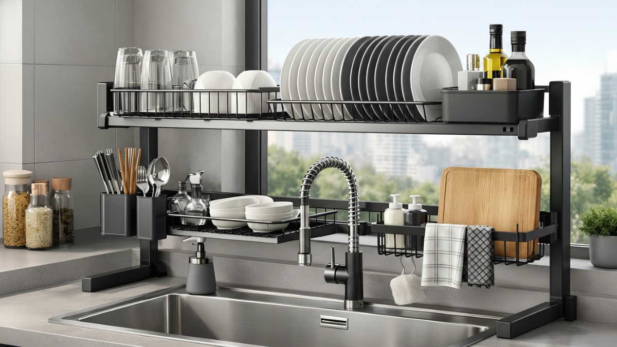 Rak piring di atas wastafel dengan desain modern yang mendukung dapur minimalis 2026.