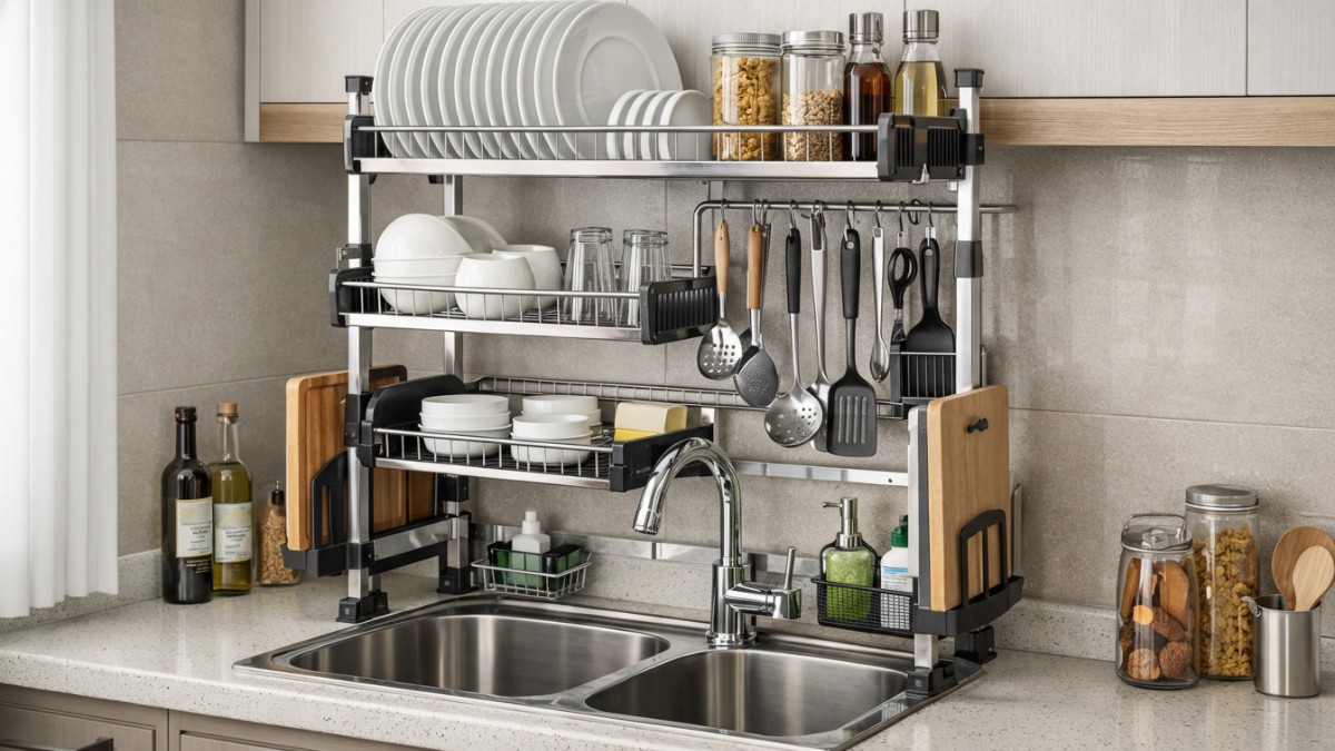 Rak piring bertingkat vertikal di atas wastafel memaksimalkan ruang dapur minimalis.