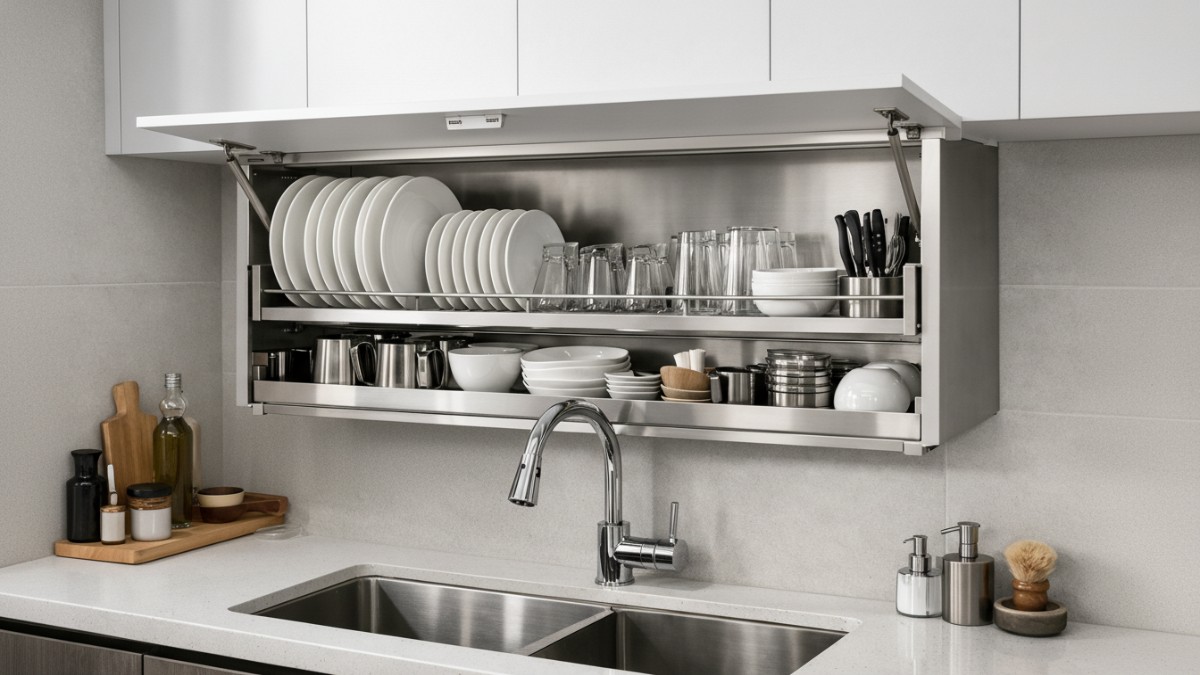 Rak piring tray air tersembunyi menjaga area wastafel tetap rapi pada dapur minimalis.