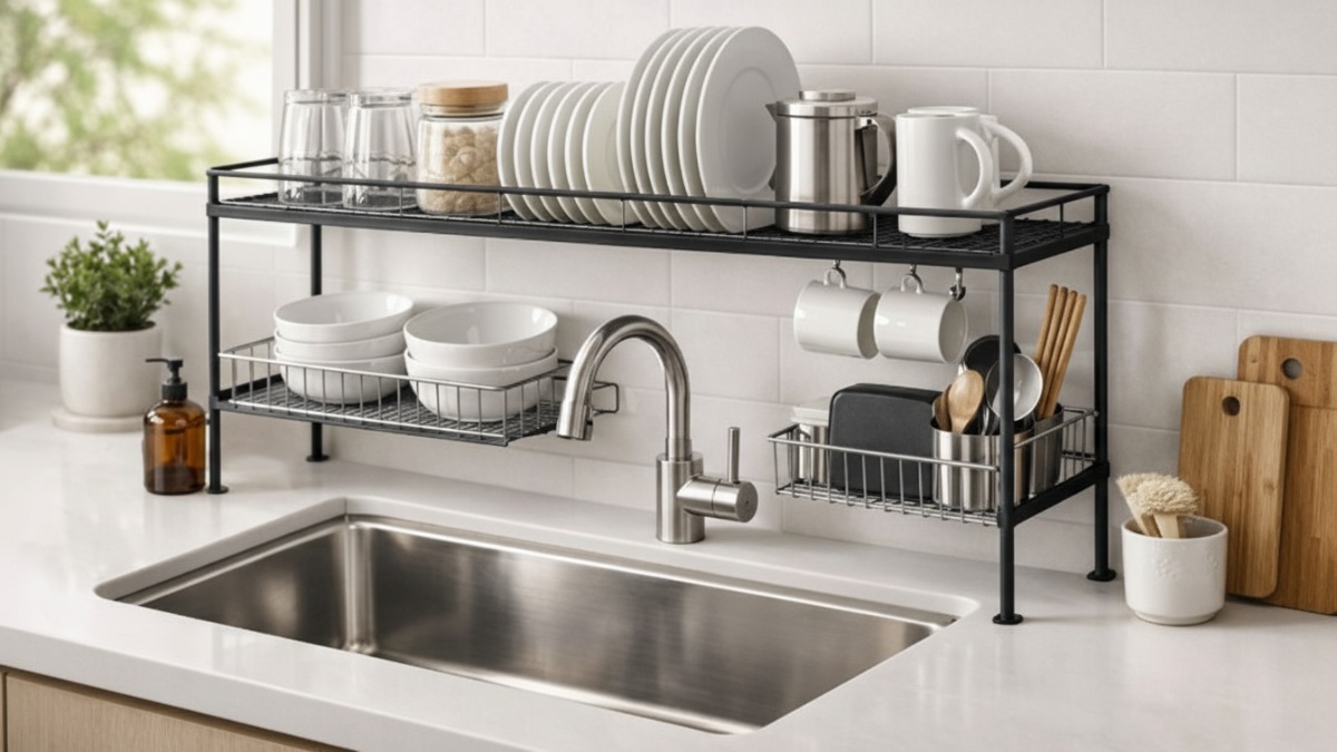 Rak piring slim frame di atas wastafel menghadirkan kesan ringan dan lapang pada dapur minimalis.