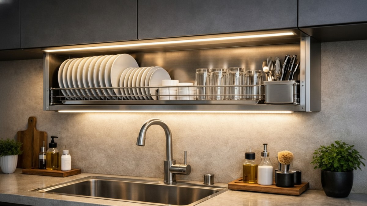 Rak Piring dengan pencahayaan terintegrasi di atas wastafel memperkuat suasana pada dapur minimalis modern.