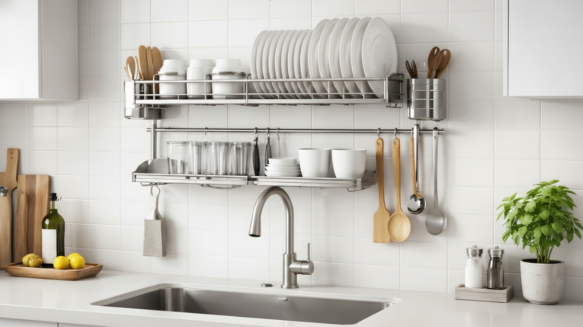 Rak piring di atas wastafel menyatu dengan dapur minimalis modern, menghadirkan fungsi dan visual bersih.