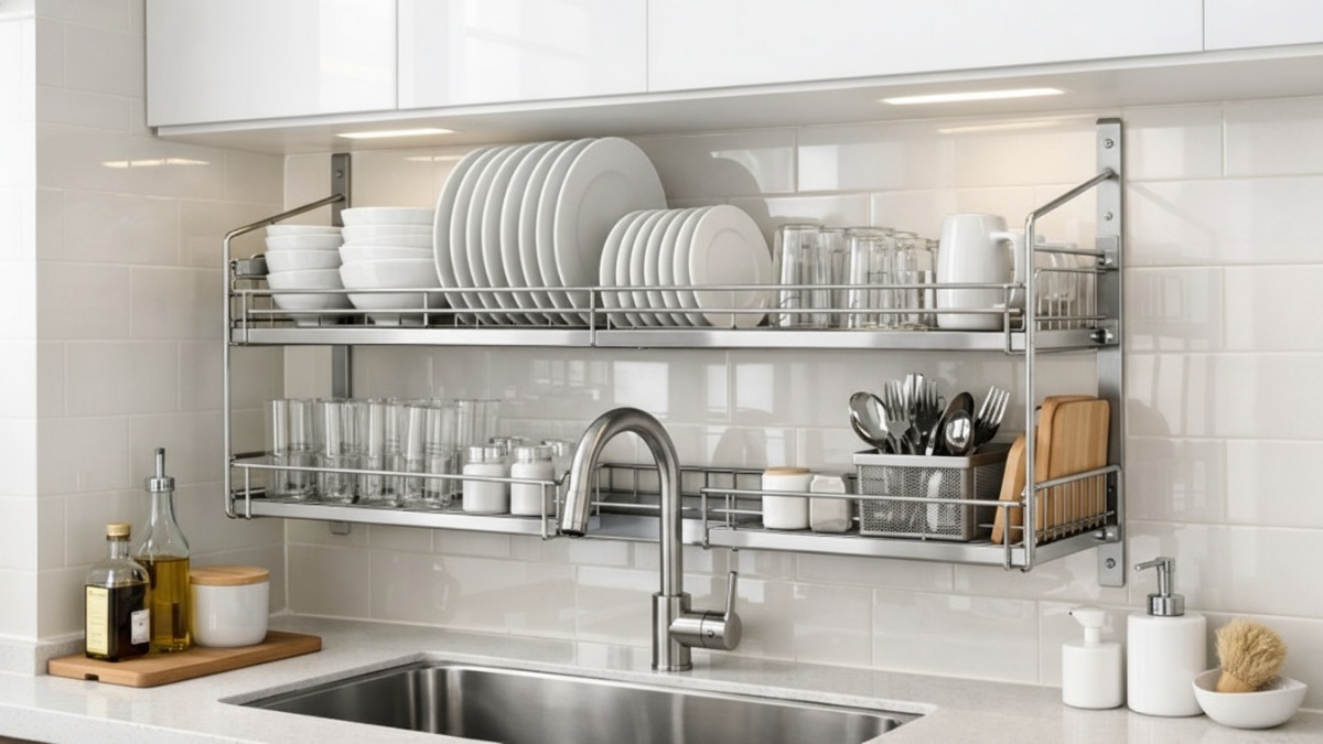 Rak piring stainless terbuka di atas wastafel bernuansa terang pada dapur minimalis.