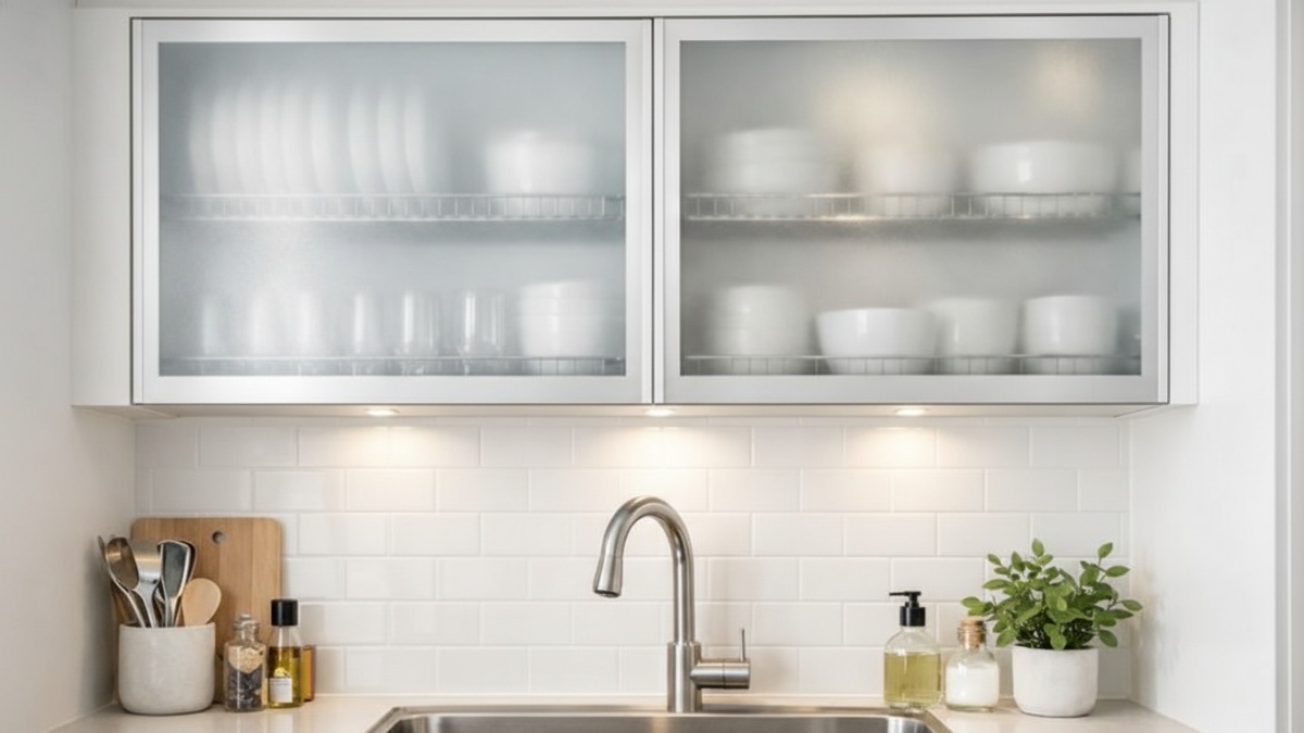 Rak piring kabinet gantung dengan pintu kaca buram di atas wastafel pada dapur minimalis.