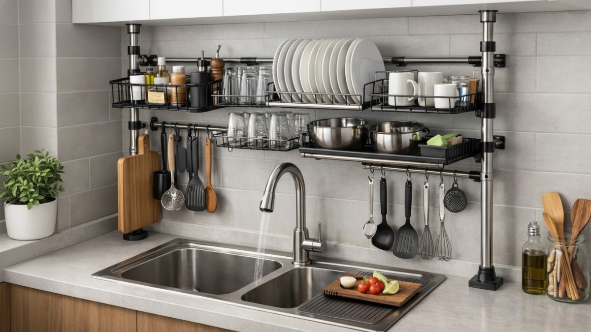 Rak piring modular dinding di atas wastafel pada dapur minimalis.