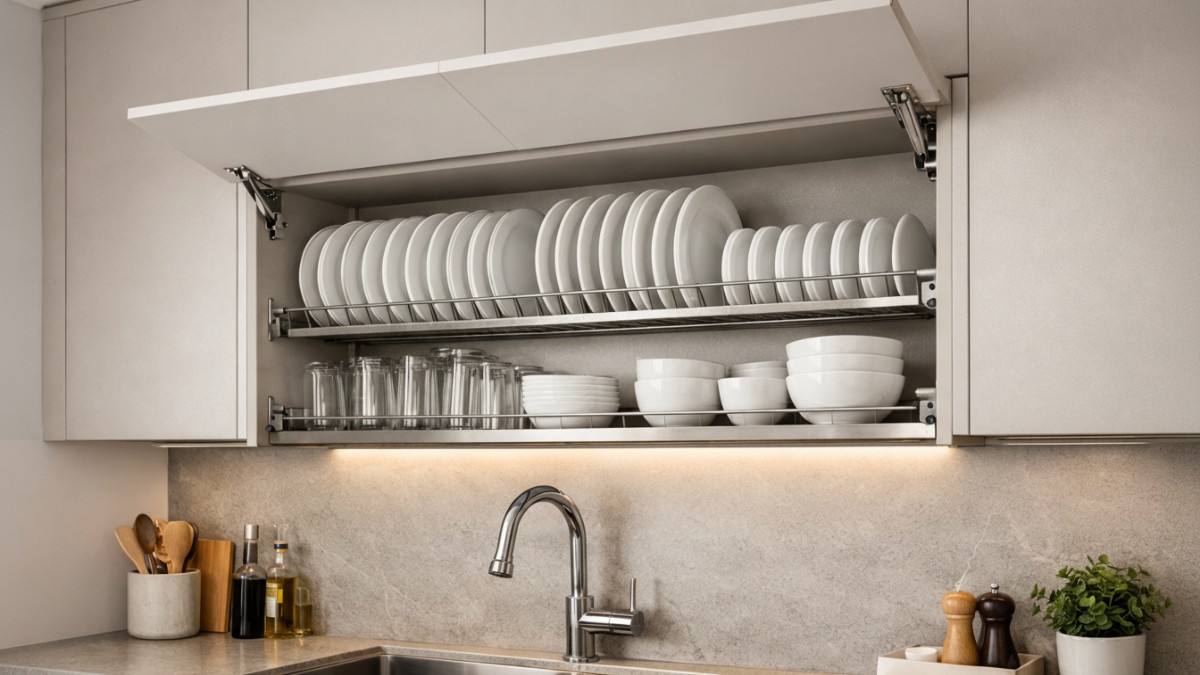 Rak piring built-in menyatu dengan kabinet di atas wastafel pada dapur minimalis.