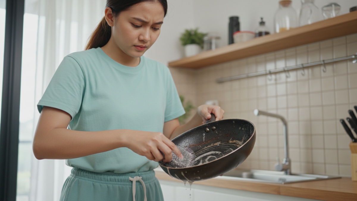Teflon gosong yang dibersihkan dengan metode dapur rumahan
