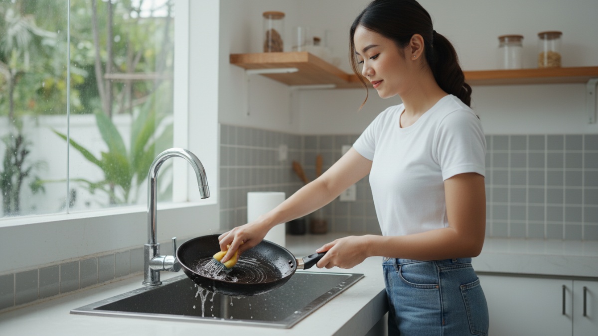 Membersihkan Permukaan teflon yang menghitam akibat residu masakan menempel