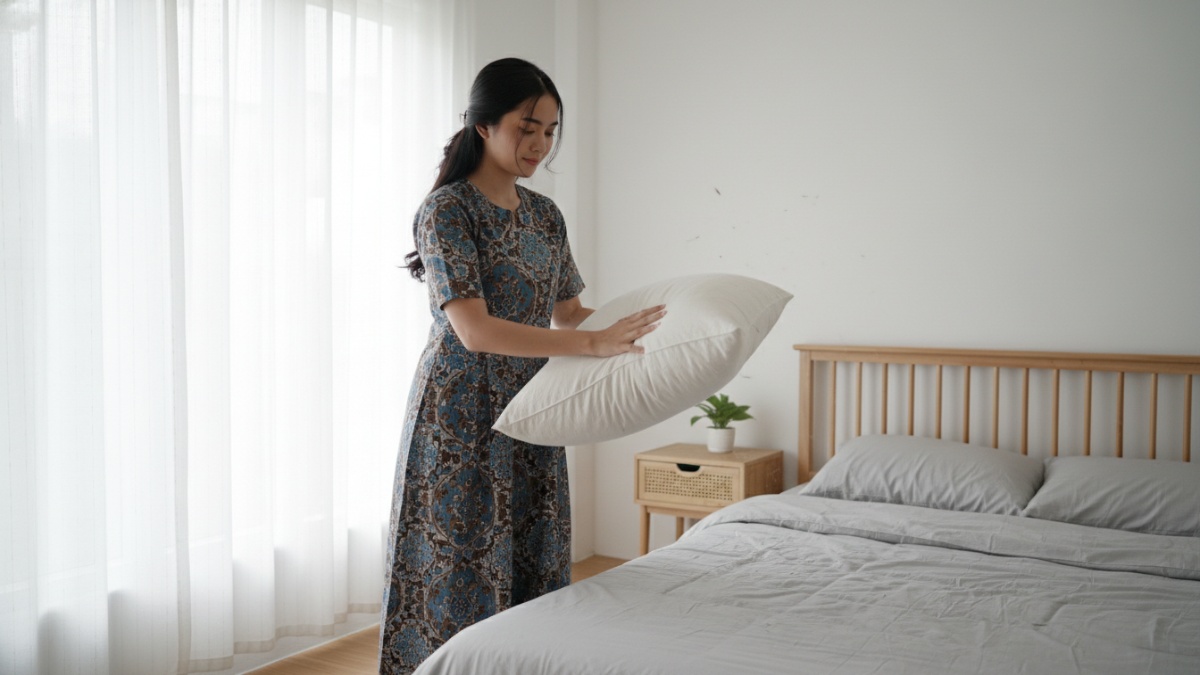 Bantal rumah tangga yang dicuci dan dijemur untuk menjaga kebersihan dan kualitas tidur.