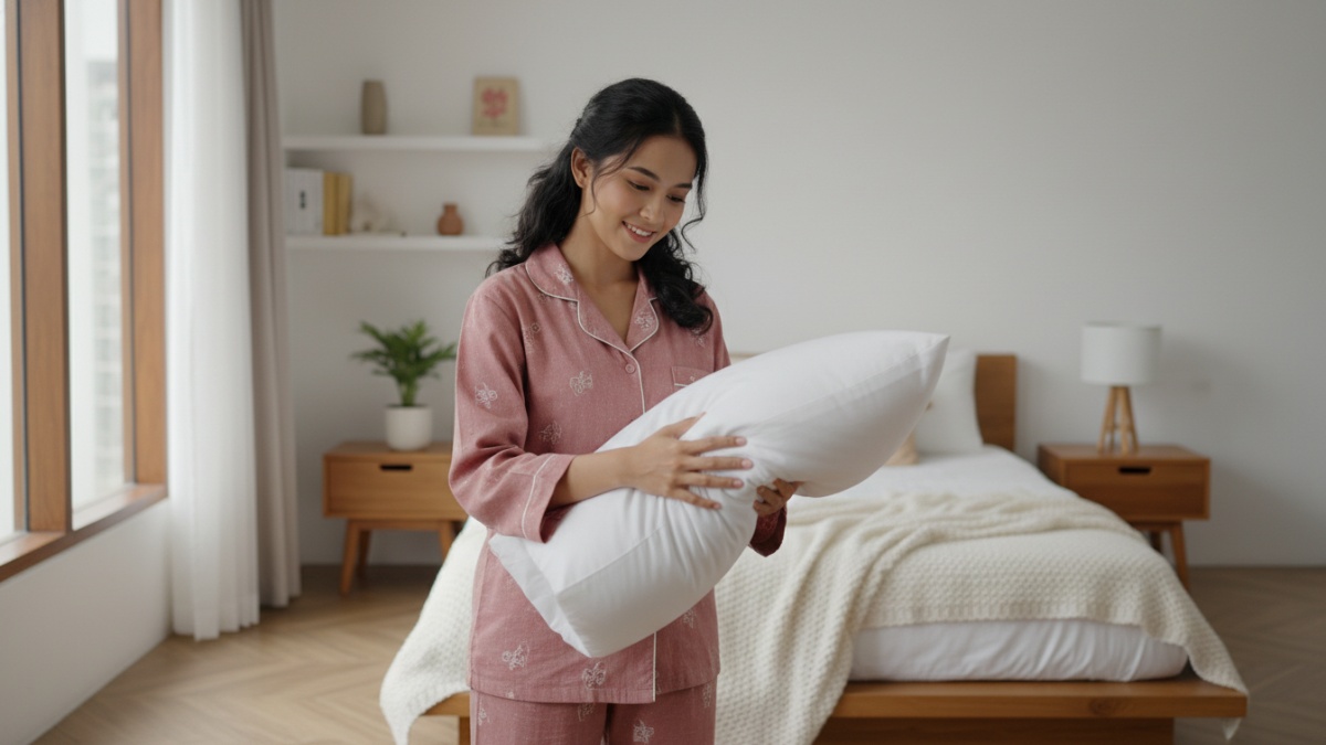 Bantal bersih dan wangi di kamar tidur sebagai simbol tidur berkualitas.
