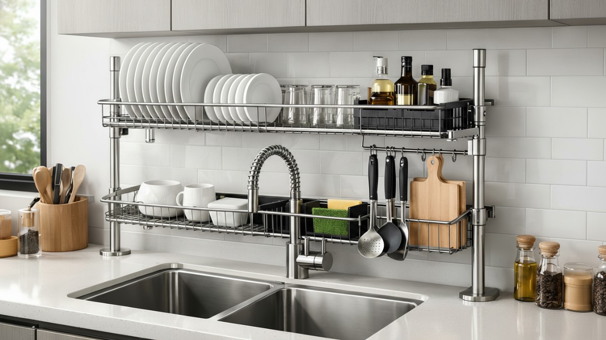 Rak piring di atas wastafel memperkuat fungsi dan visual dapur minimalis modern.