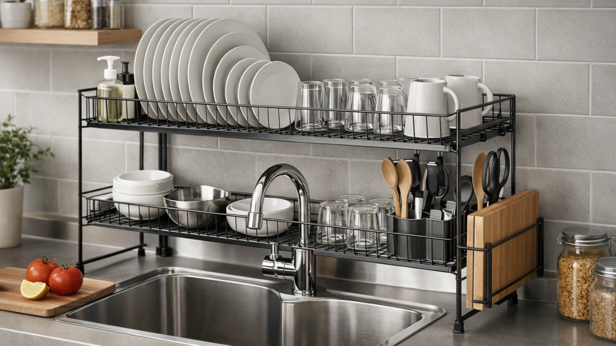 Rak piring besi tipis anti karat di atas wastafel pada dapur minimalis urban.