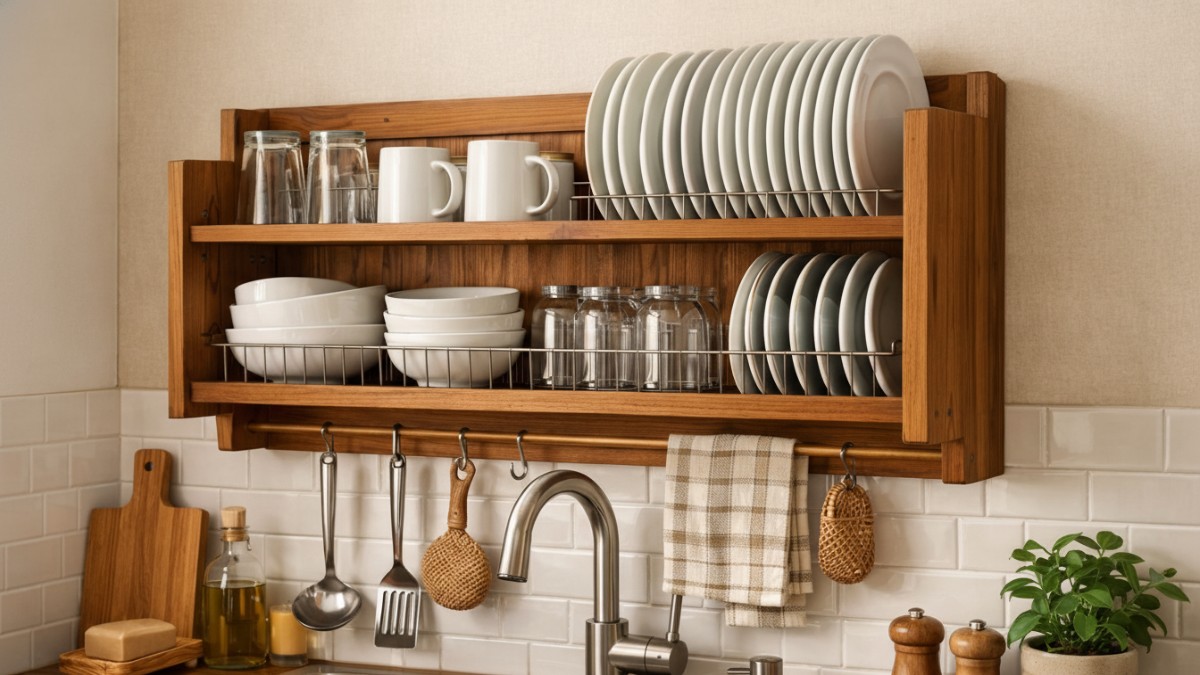 Rak piring kayu solid berlapis coating di dapur minimalis modern.