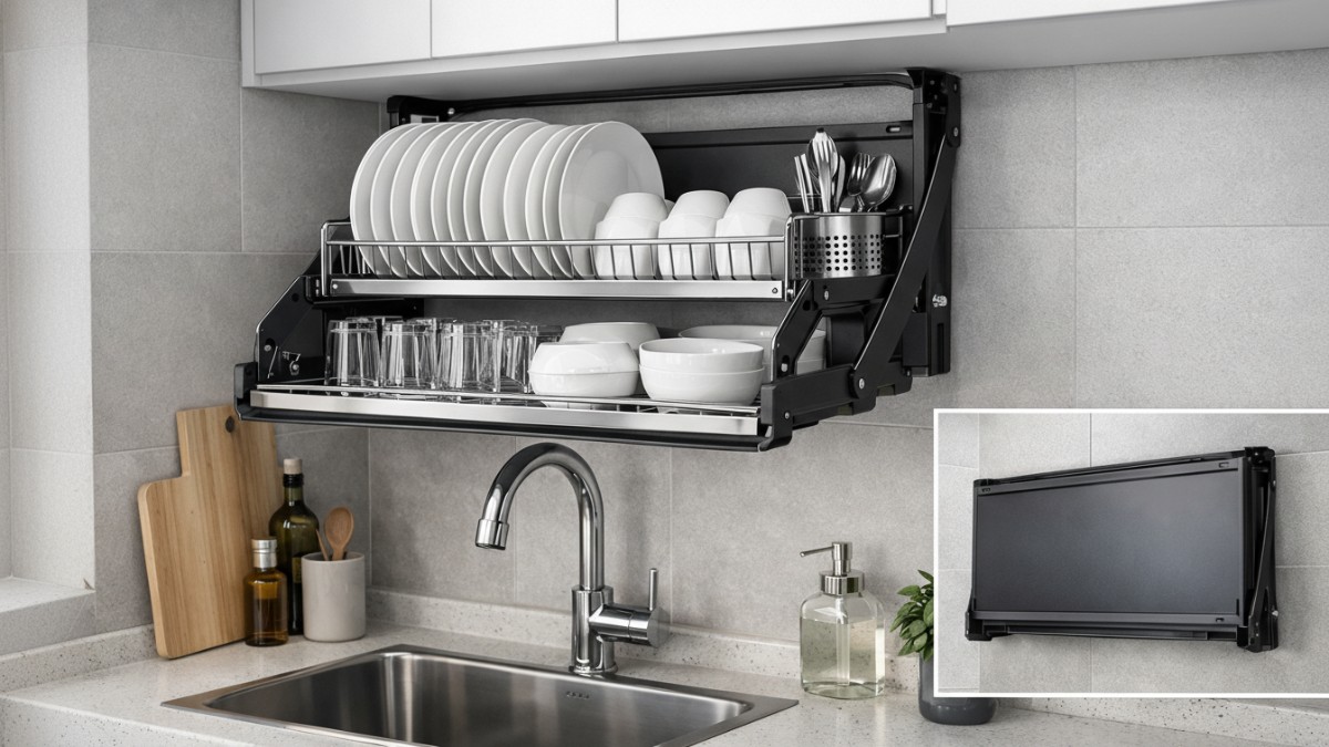 Rak piring lipat dinding di atas wastafel pada dapur minimalis modern.