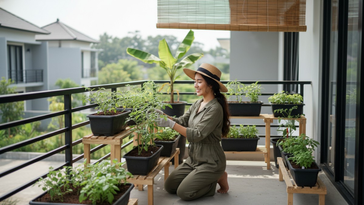 Kebun kecil tanaman buah dan sayur menggunakan cocopeat di balkon rumah