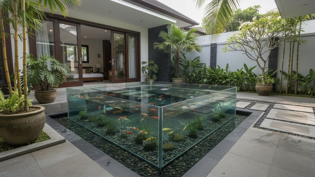Kolam ikan kaca modern dengan desain geometris sederhana di halaman rumah