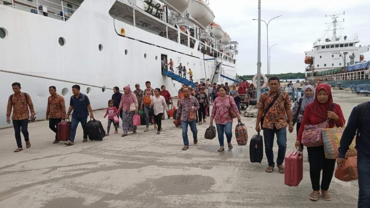 Suasana Pelabuhan Loktuan dengan kapal Pelni bersandar dan penumpang turun dari Kapal