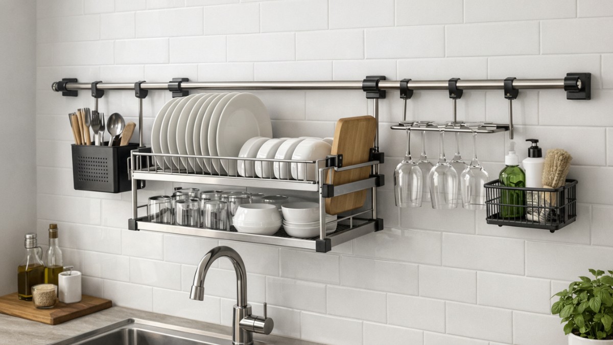 Rak piring gantung rel yang fleksibel di atas wastafel pada dapur minimalis modern.