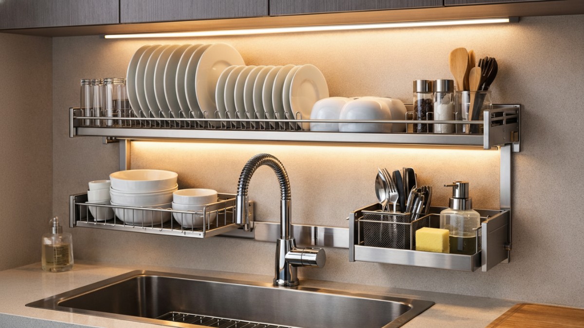 Rak piring di atas wastafel dengan pencahayaan LED tersembunyi sebagai aksen modern pada dapur minimalis.