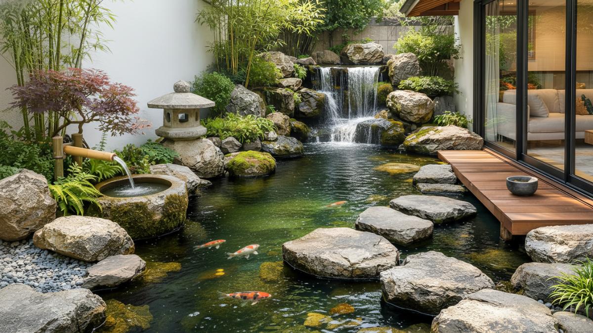 Kolam ikan minimalis bergaya taman Jepang dengan elemen air dan batu alami di halaman sempit rumah modern.