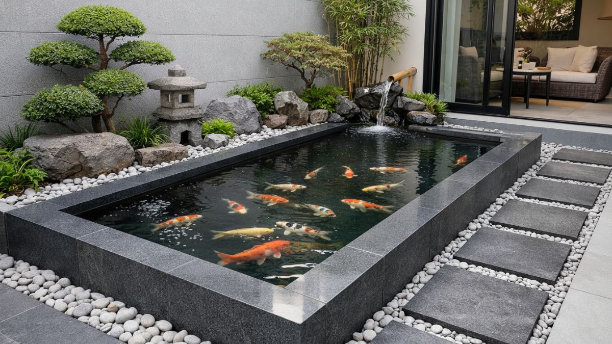 Kolam ikan minimalis persegi panjang bergaya taman Jepang dengan batu andesit rapi di lahan sempit teras rumah modern.