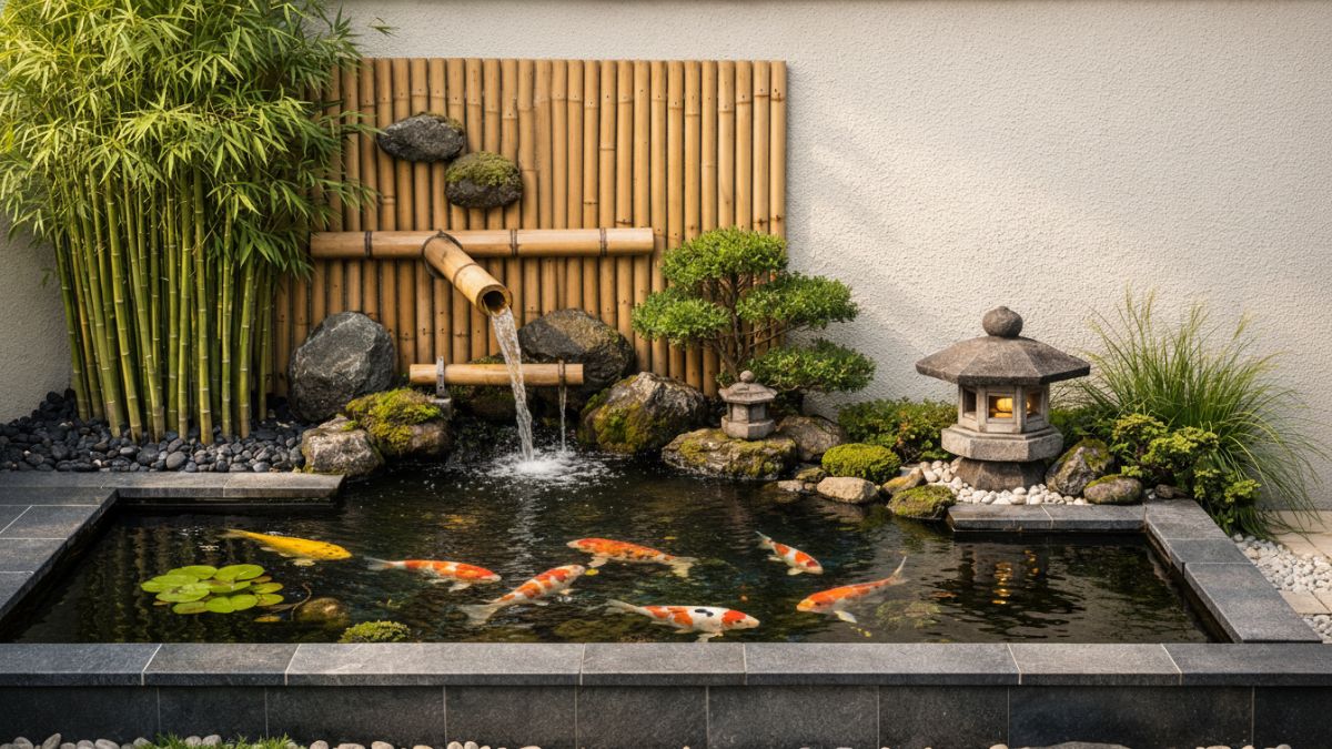 Kolam ikan minimalis menempel dinding bergaya taman Jepang dengan elemen bambu dan pancuran kecil.