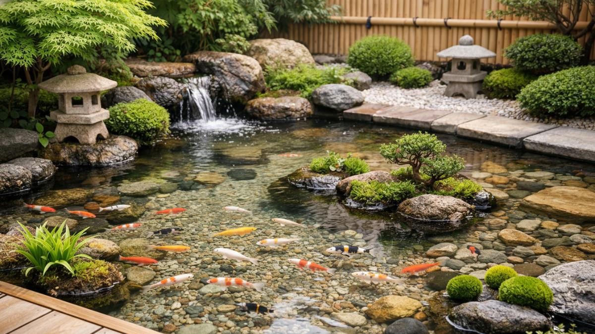 Kolam ikan minimalis dangkal bergaya taman Jepang dengan ikan hias kecil dan tanaman mini.