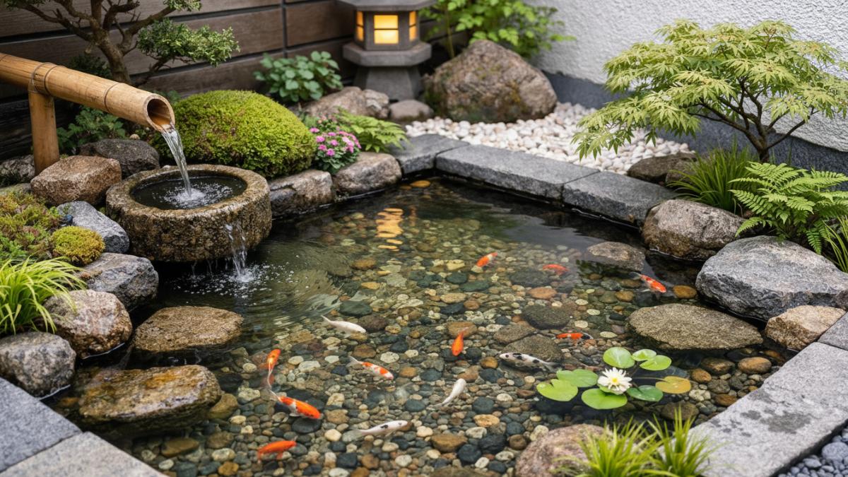 Kolam ikan minimalis dangkal bergaya taman Jepang dengan ikan hias kecil dan tanaman mini di lahan sempit.