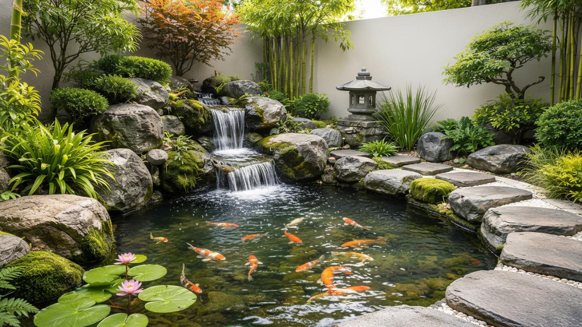 Kolam ikan minimalis bernuansa taman Jepang dengan elemen batu alam, air mengalir, dan tanaman hijau di halaman kecil.