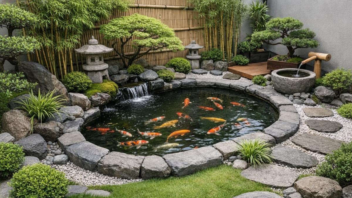 Kolam ikan minimalis bernuansa taman Jepang model oval yang menyatu dengan halaman kecil.