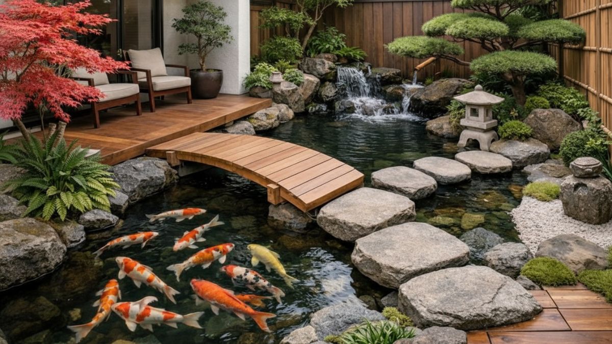 Kolam ikan minimalis bernuansa taman Jepang dengan jembatan kayu kecil atau stepping stone sebagai penghubung area taman dan teras.