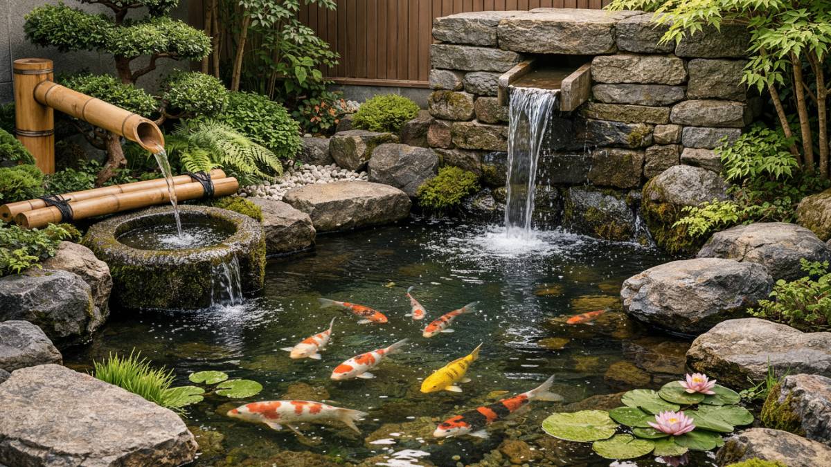 Kolam ikan minimalis bernuansa taman Jepang dengan air yang mengalir perlahan dari pancuran bambu atau dinding batu memberikan sensasi visual yang menyegarkan pada halaman kecil.