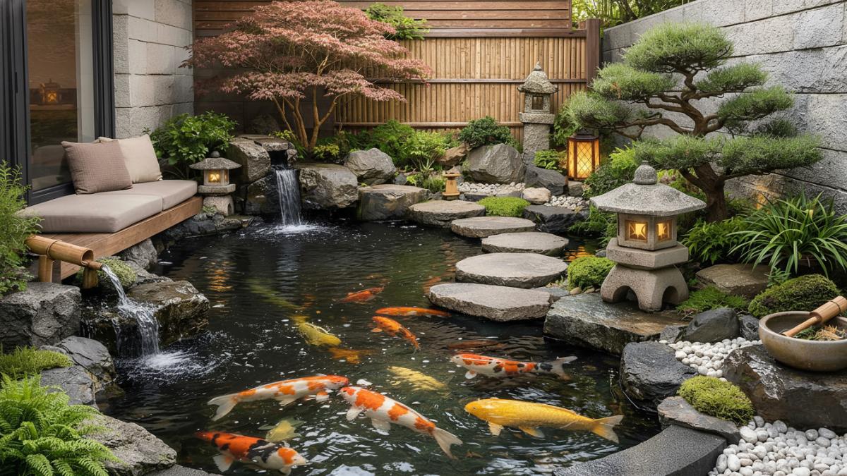 Kolam ikan minimalis bergaya taman Jepang di halaman sempit hunian urban.