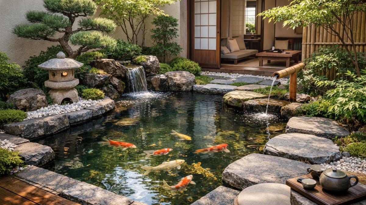 Kolam ikan minimalis bergaya taman Jepang dengan elemen air yang memantulkan cahaya alami dan memberi kesan lapang di halaman kecil lahan sempit.