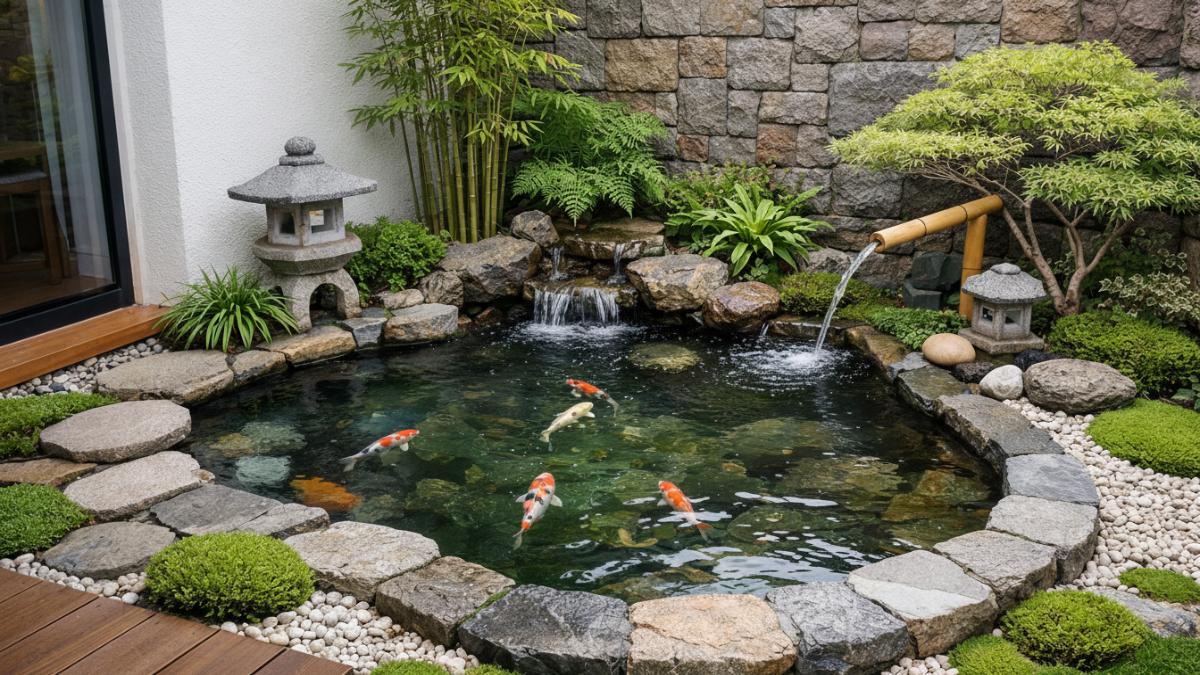 Kolam ikan minimalis bergaya taman Jepang bentuk organik lembut di sudut halaman kecil lahan sempit.