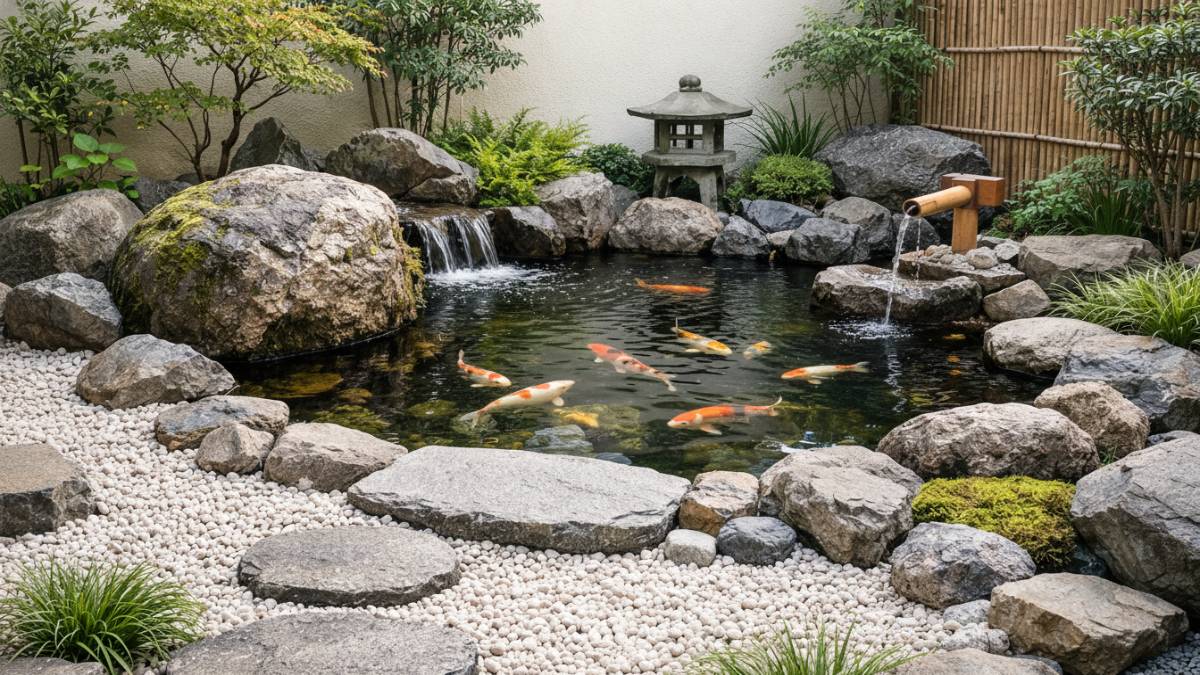 Kolam ikan minimalis bergaya taman Jepang dengan batu dan kerikil menciptakan komposisi taman rapi di halaman kecil lahan sempit.