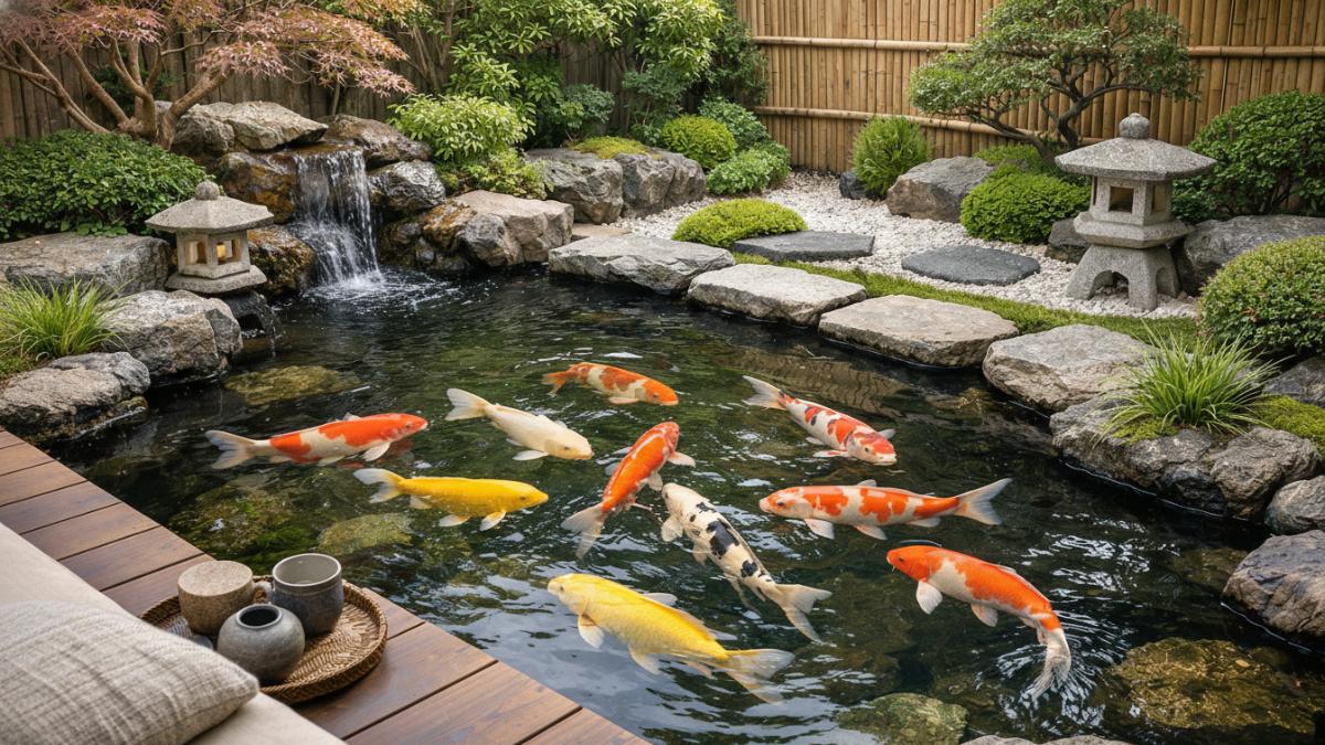 Kolam ikan minimalis bergaya taman Jepang dengan Ikan koi yang menjadi titik fokus visual dan emosional di halaman kecil lahan sempit.