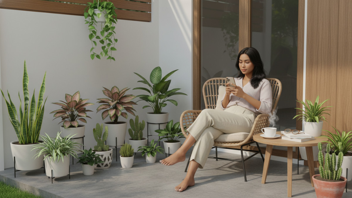 Teras rumah dengan lima tanaman sederhana tertata rapi, menunjukkan estetika desain hemat biaya.